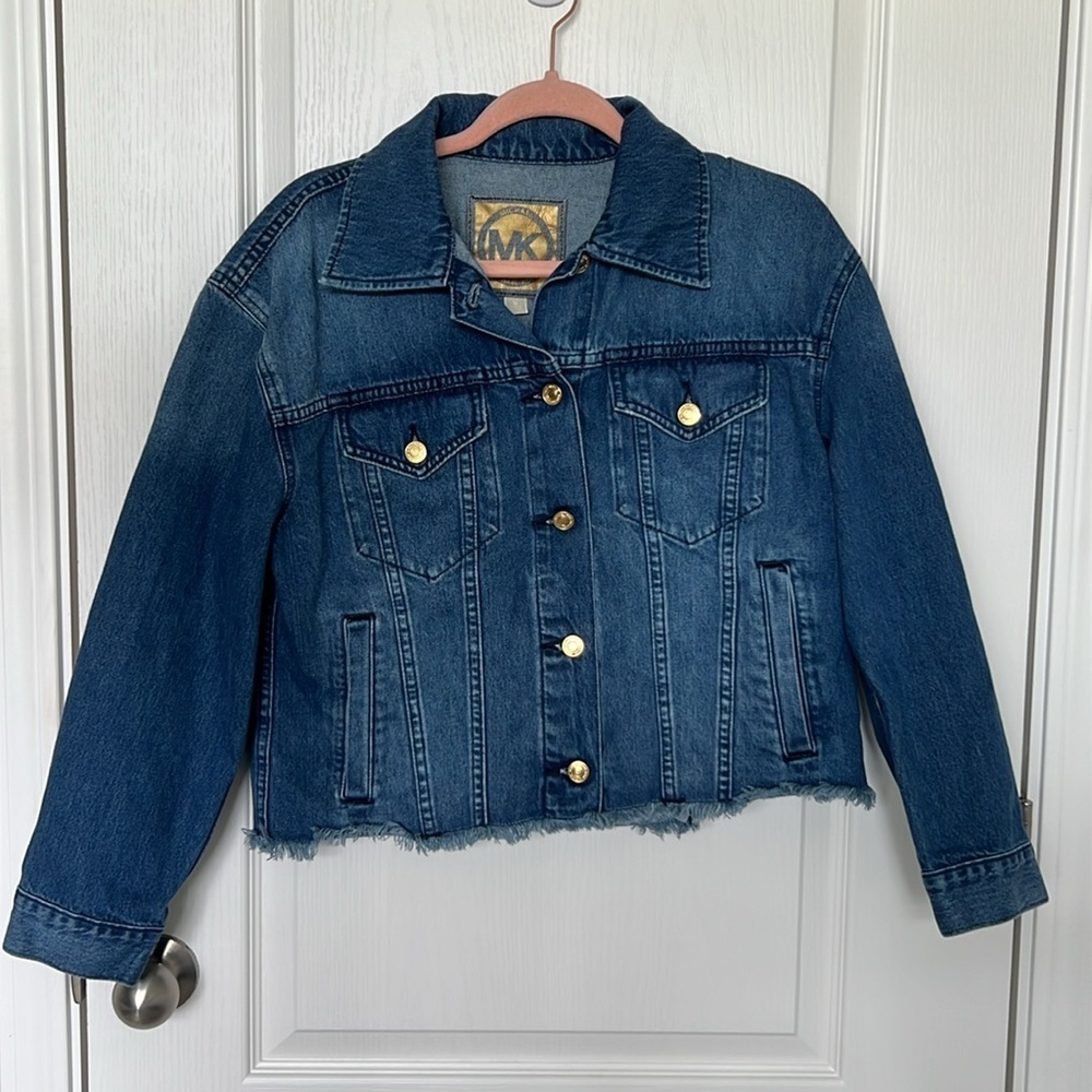 Michael KORS MK Crop Denim Jean Jacket Women’s Frayed Hem Size Medium